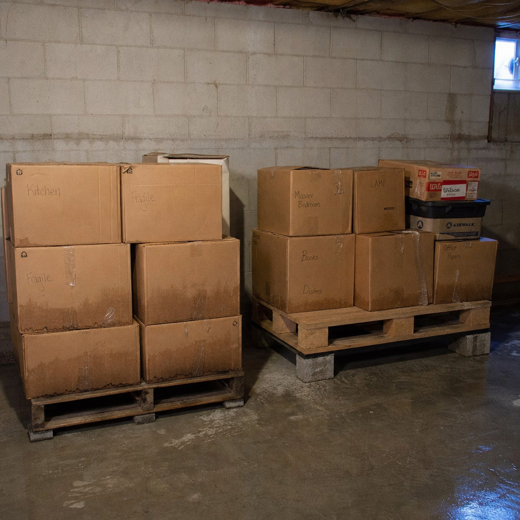Boxes Stacked on Pallets in the Basement