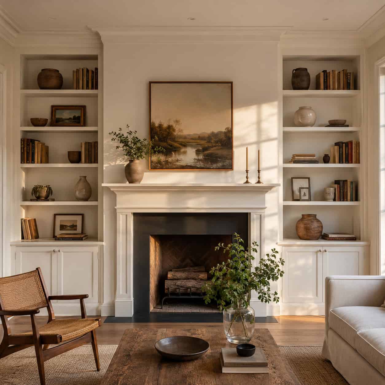Built-In Bookcases Flanking the Fireplace