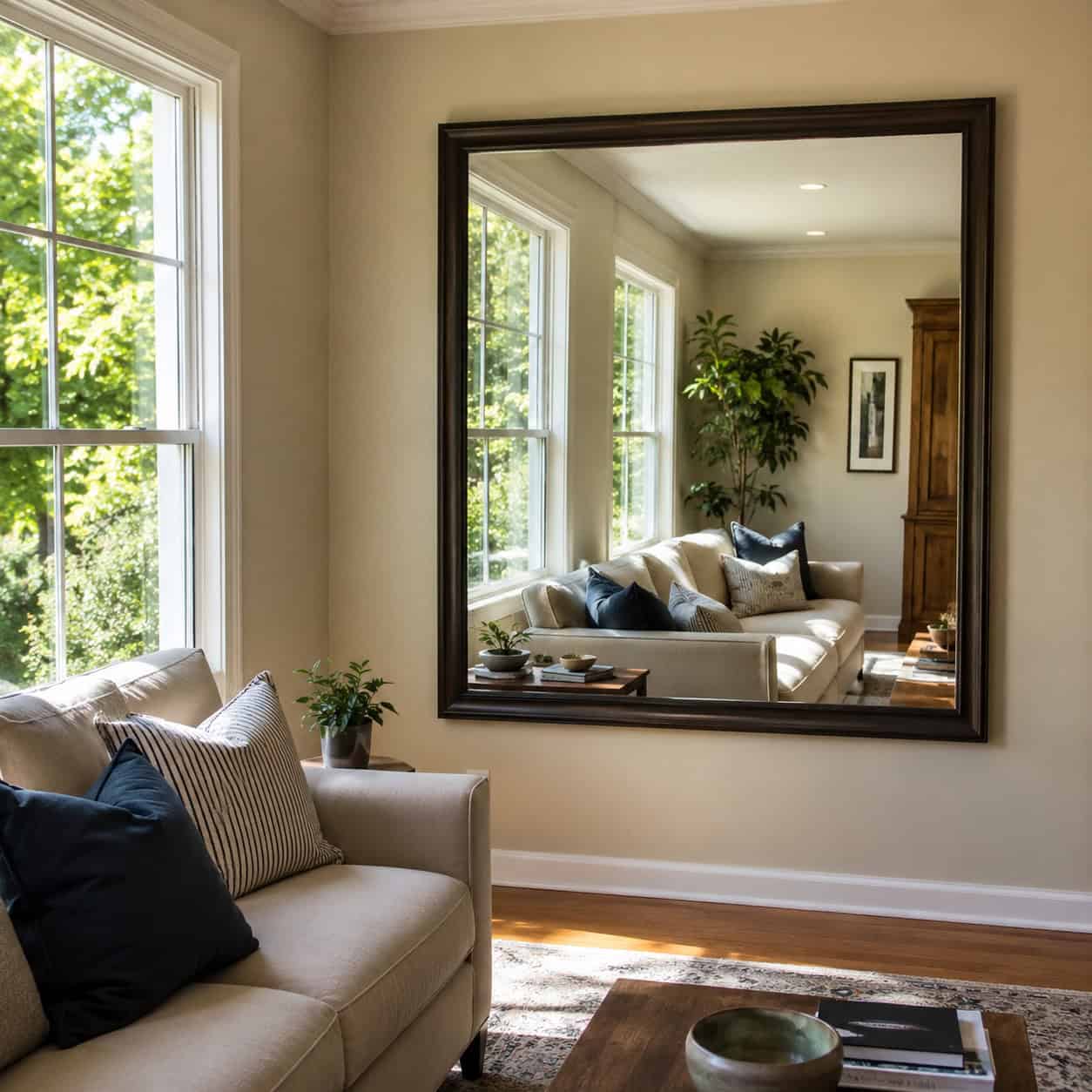Hang a big mirror opposite a window
