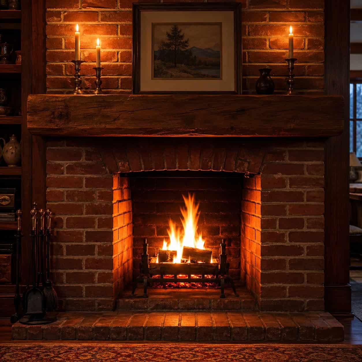 Brick Fireplace with a Wood Mantel