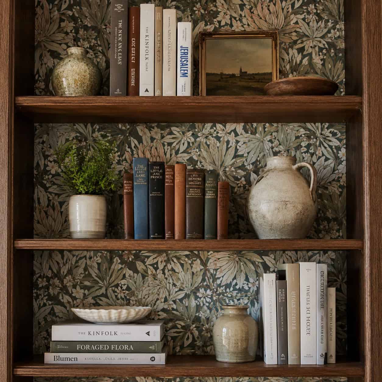 Peel-and-Stick Wallpaper Behind the Shelves