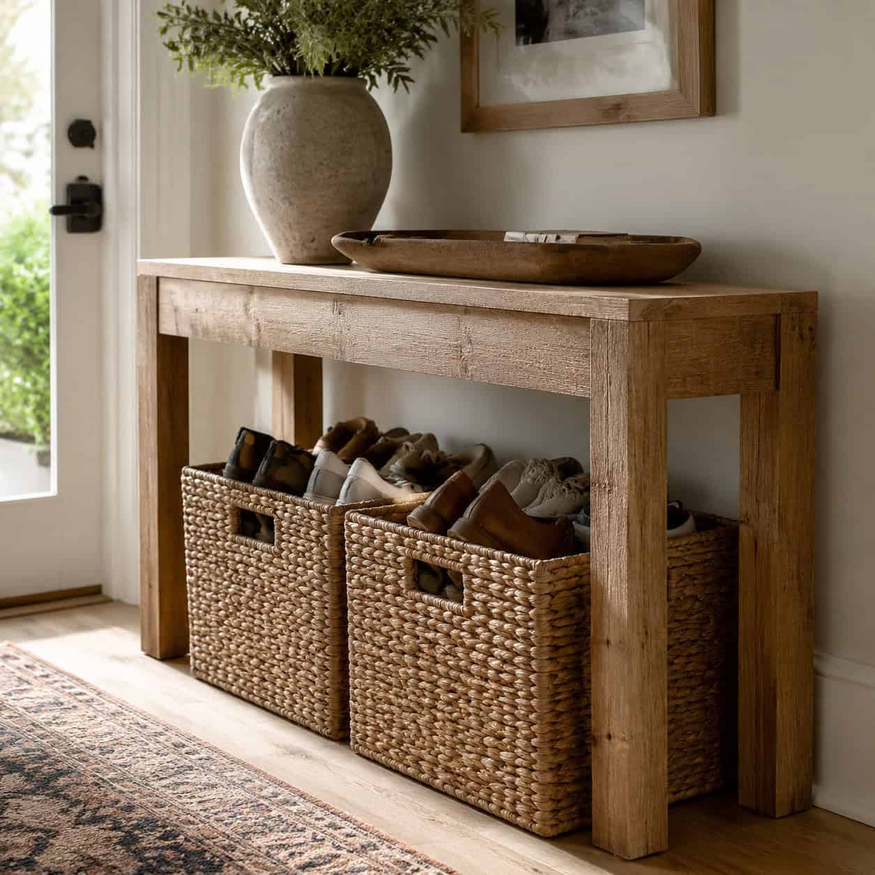 Ground the console with baskets for shoes