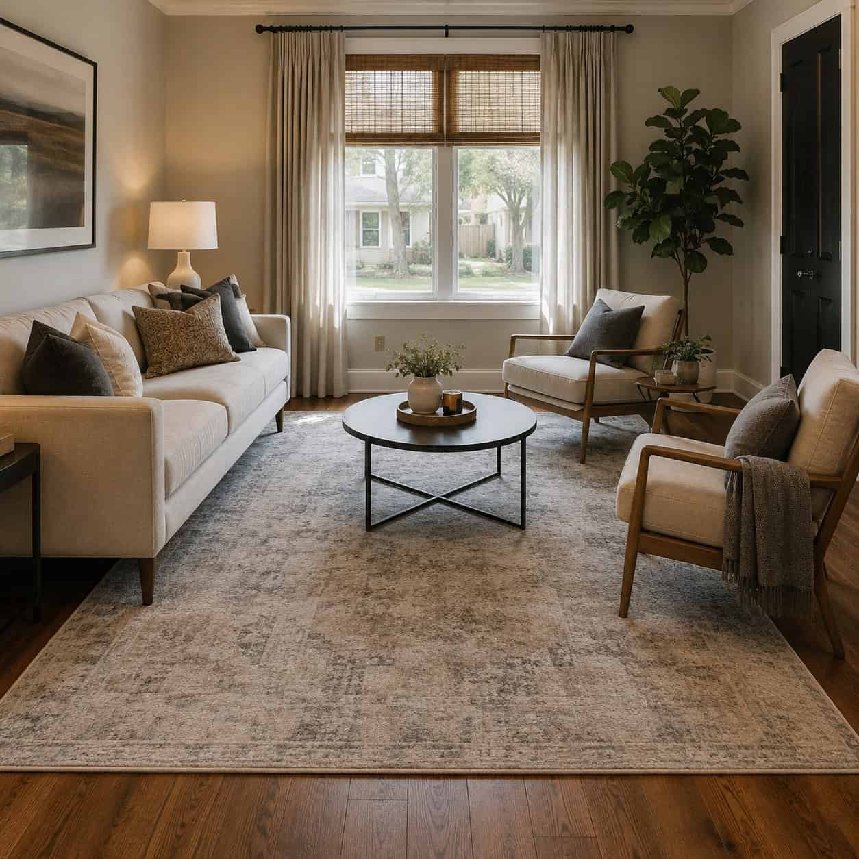 Anchor the room with one large rug