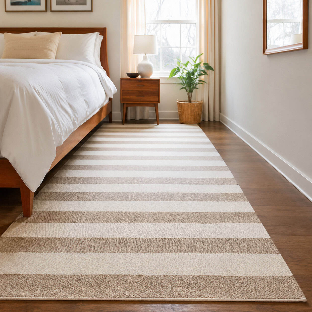 Pick a light or striped rug to stretch the floor