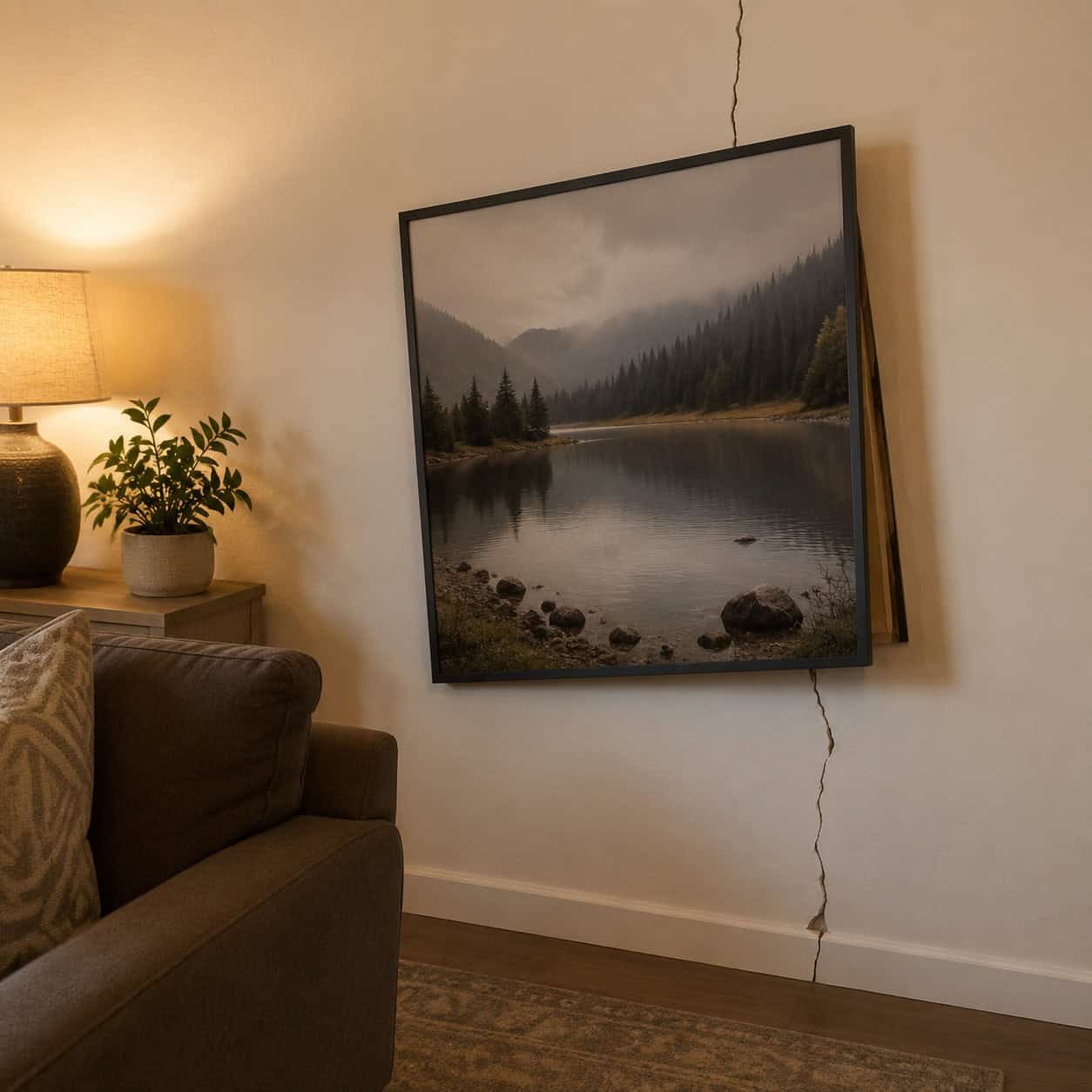 Staged Furniture and Wall Art Over Damage