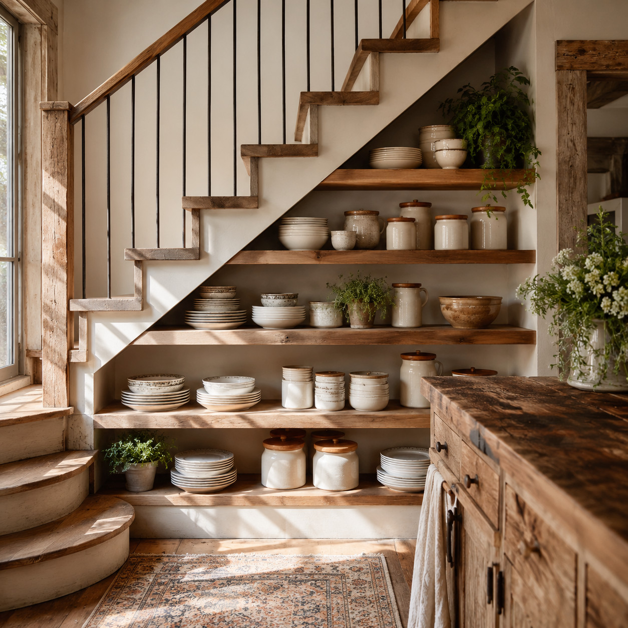 Open Shelving Beneath an Open-String Stair