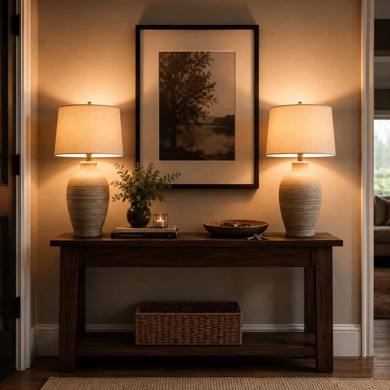 A Console Table, Lamps & Art Vignette