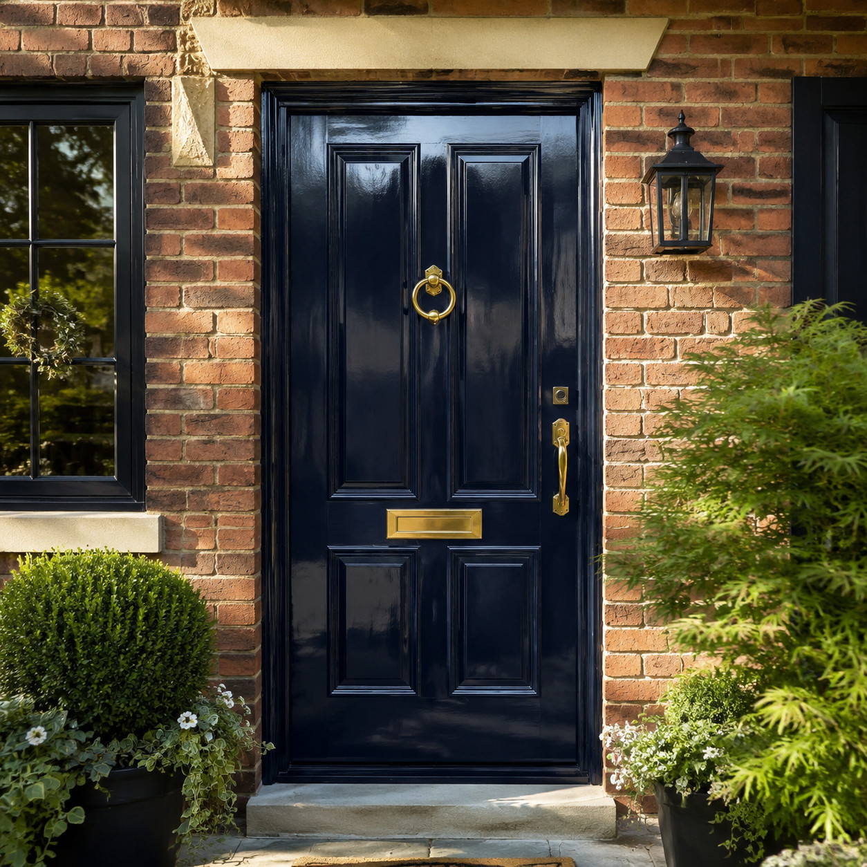 A High-Gloss Front Door With Brass Hardware