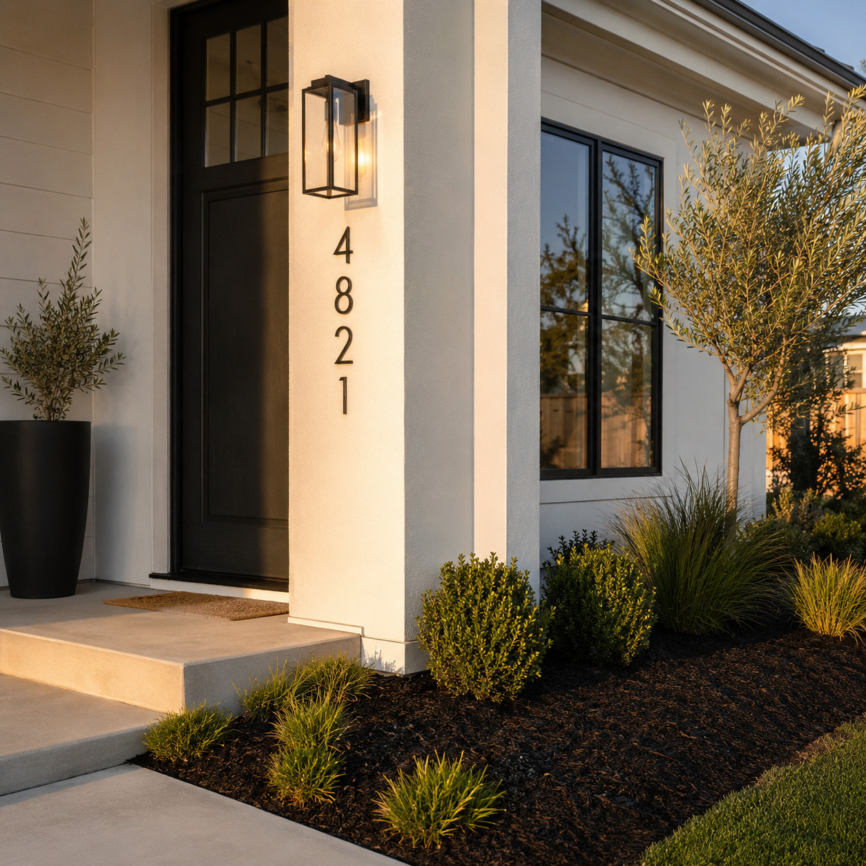 Exterior Details: House Numbers, Sconces, and Mulch