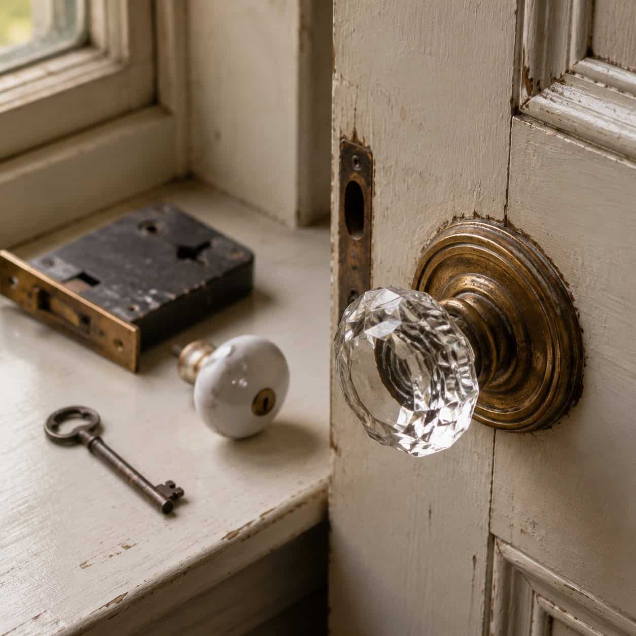 Cut-Glass and Porcelain Doorknobs on Mortise Locks