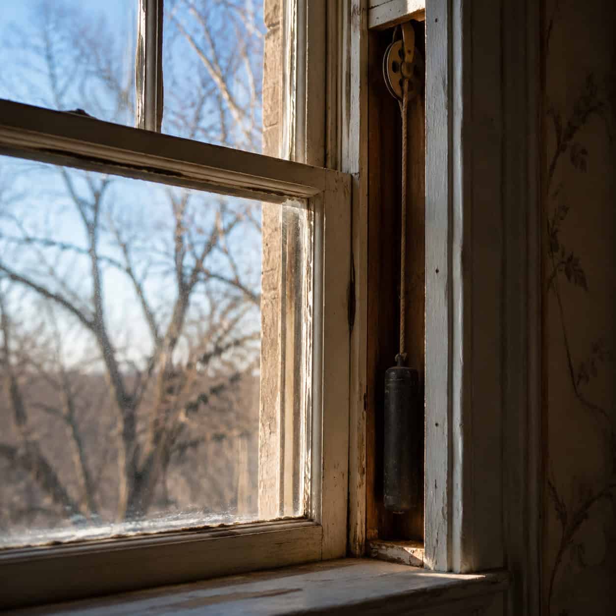 Weight-and-Pulley Wood Windows With Wavy Glass