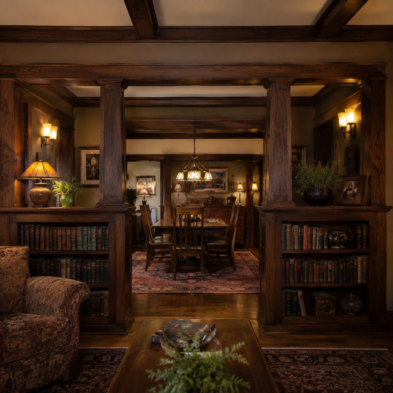 Built-In Colonnade Bookcases Between the Rooms