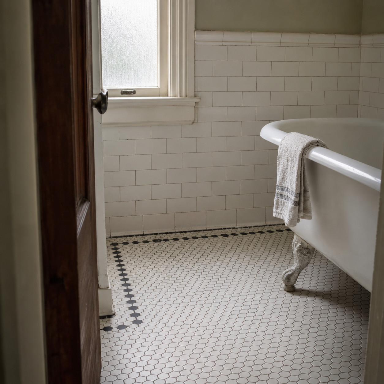 Hexagonal Tile Bathroom Floors and Subway Tile Walls