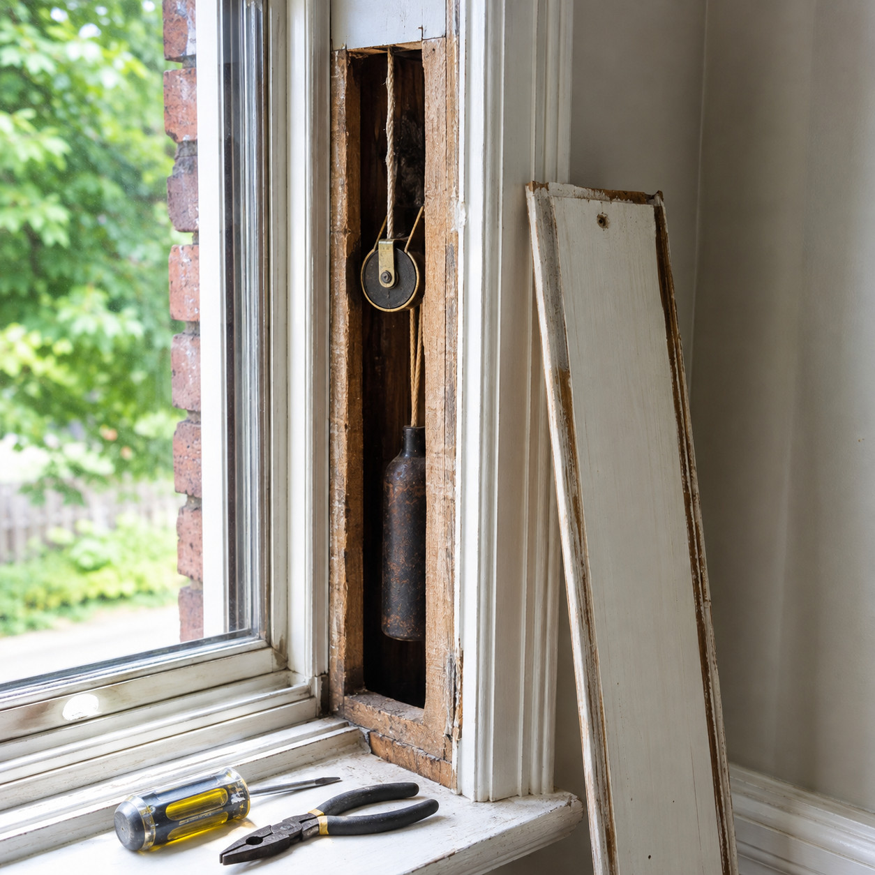Sash Weights, Pulleys and Rope Inside the Window Frame