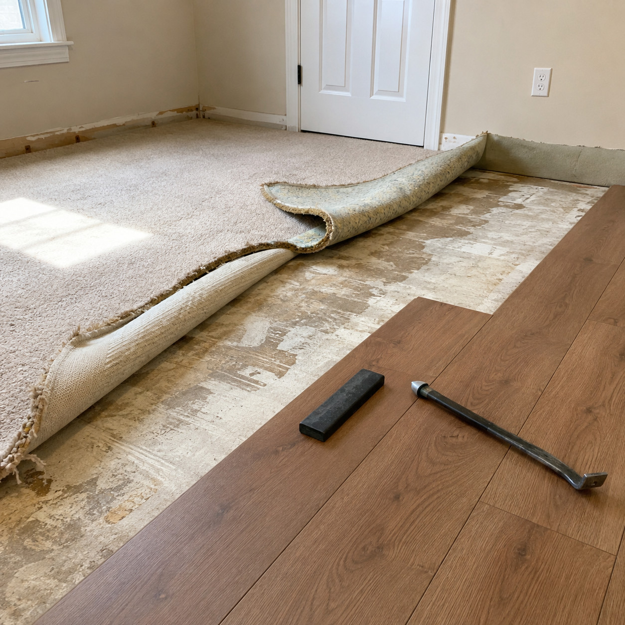 Rip out the carpet for hardwood or luxury vinyl plank