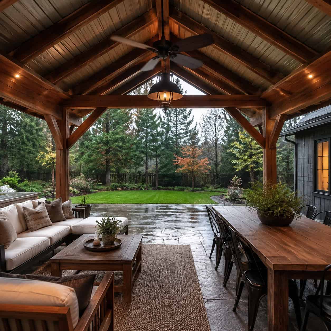 A Solid-Roof Pavilion With a Ceiling Fan