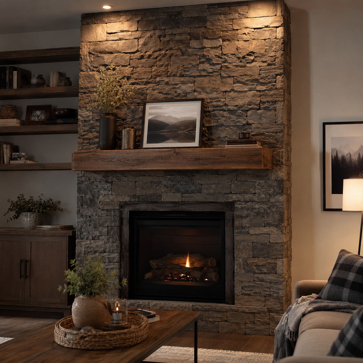 Add a stone or brick accent (fireplace or exterior)