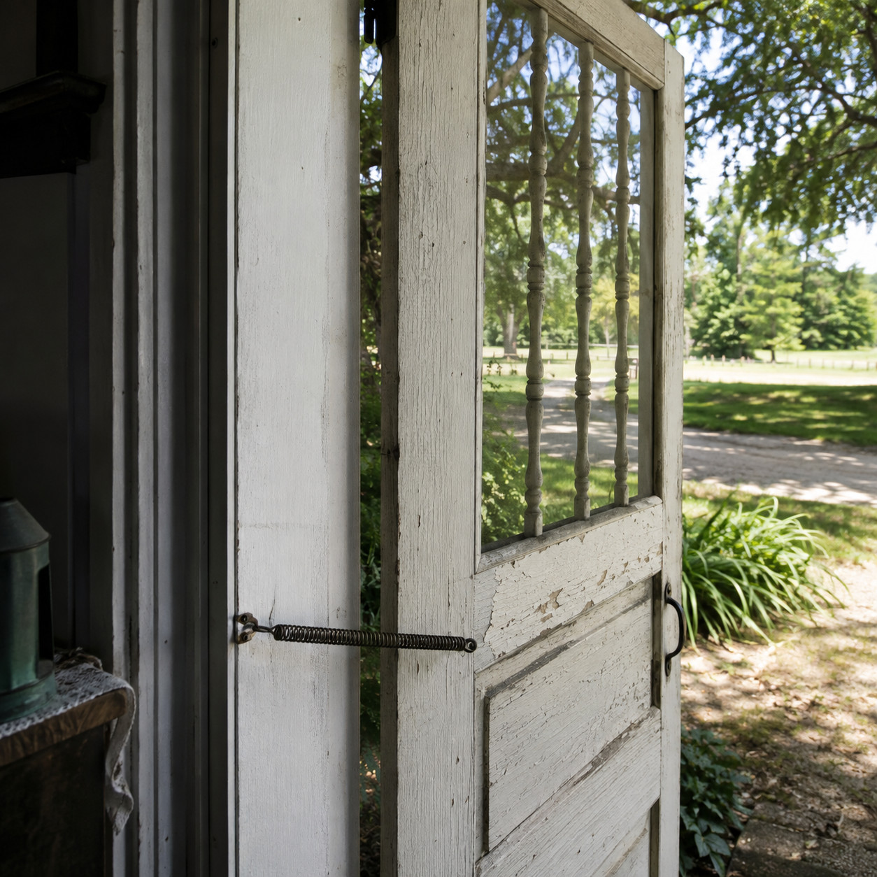 A Wooden Screen Door With a Coil Spring