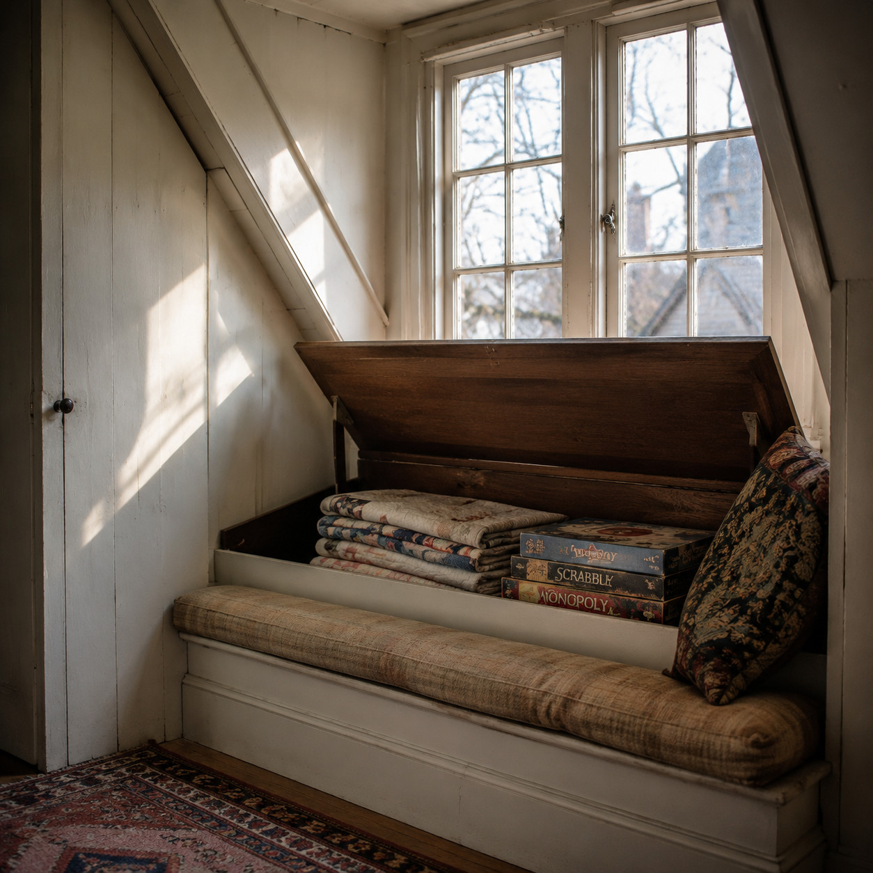 A Window Seat With a Hinged Storage Lid