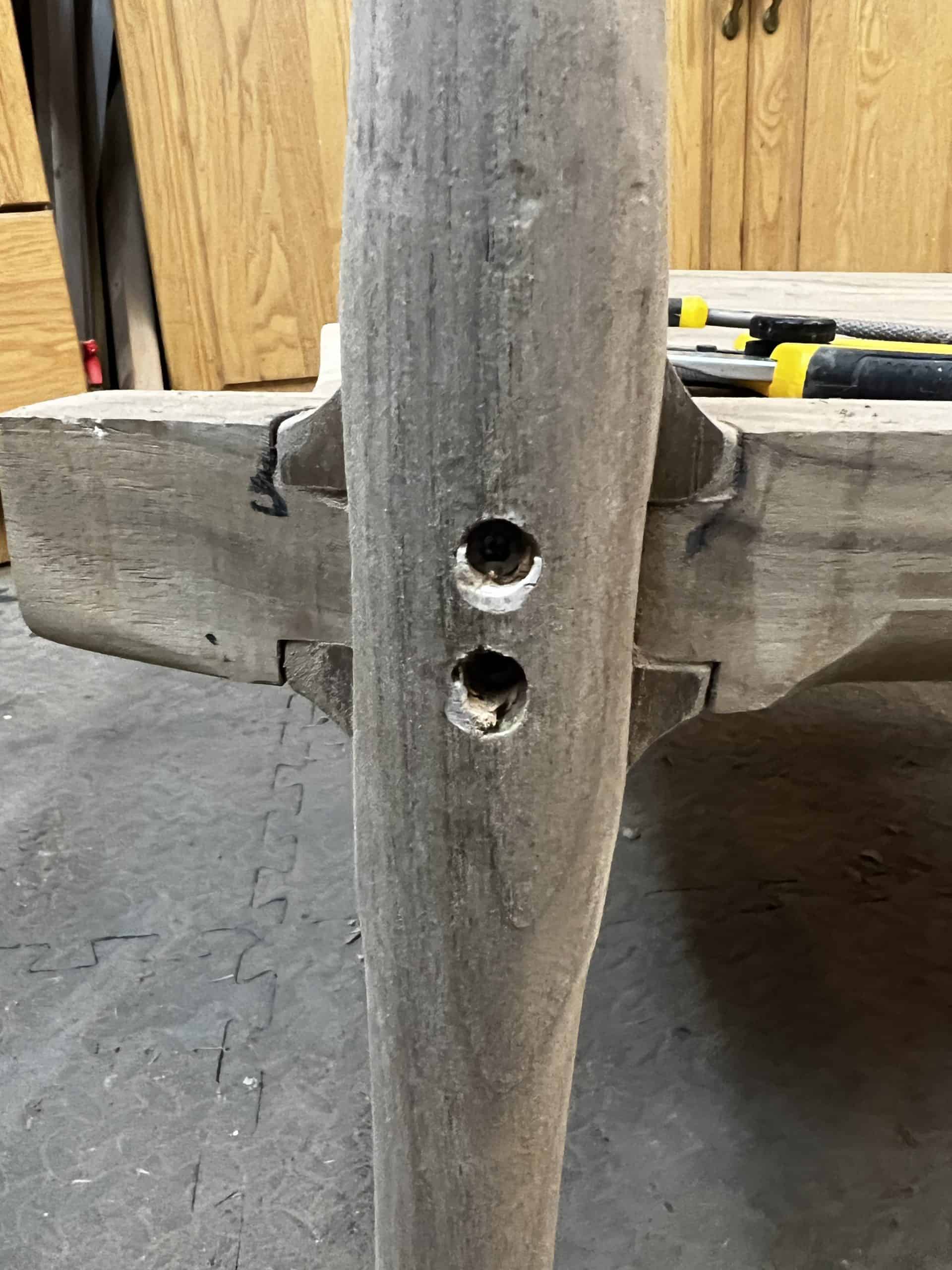 The leg joint, counterbored for screws — the plans’ suggested screws didn’t hold, so Gus sourced his own.