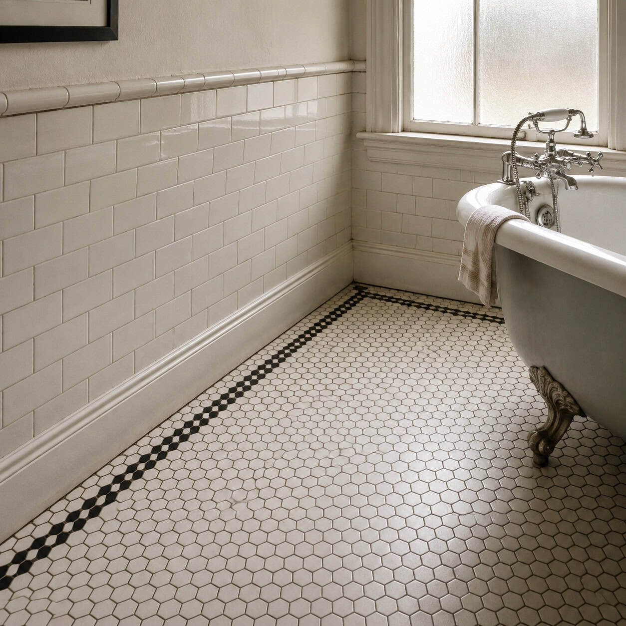 Hexagonal Tile Bathroom Floors and Subway Tile Walls