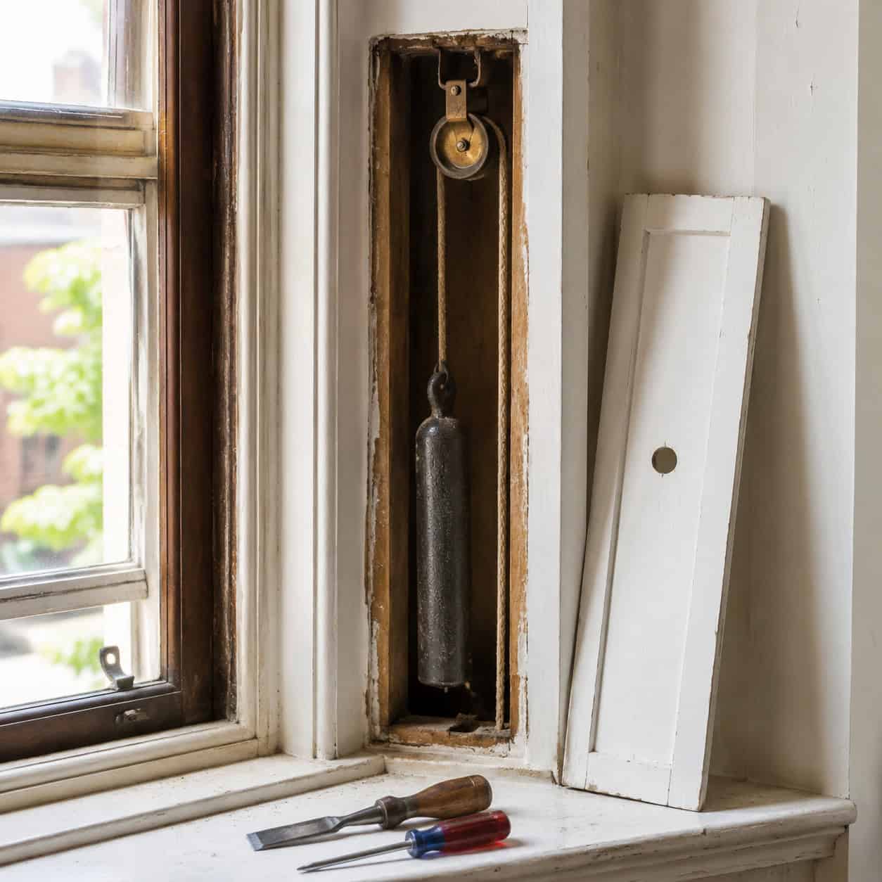 Sash Weights, Pulleys and Rope Inside the Window Frame