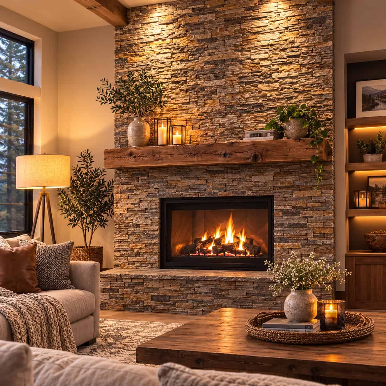 Add a stone or brick accent (fireplace or exterior)