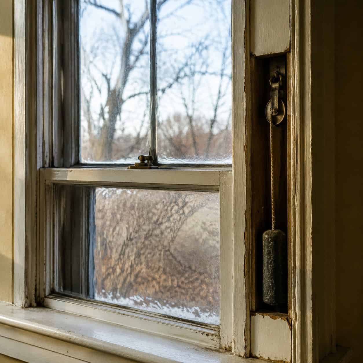 Weight-and-Pulley Wood Windows With Wavy Glass