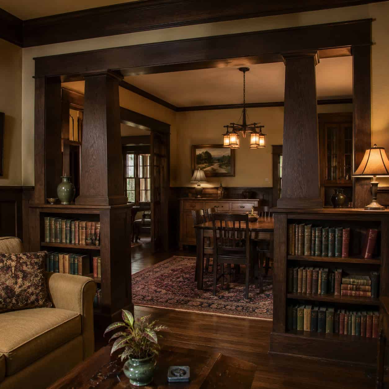 Built-In Colonnade Bookcases Between the Rooms