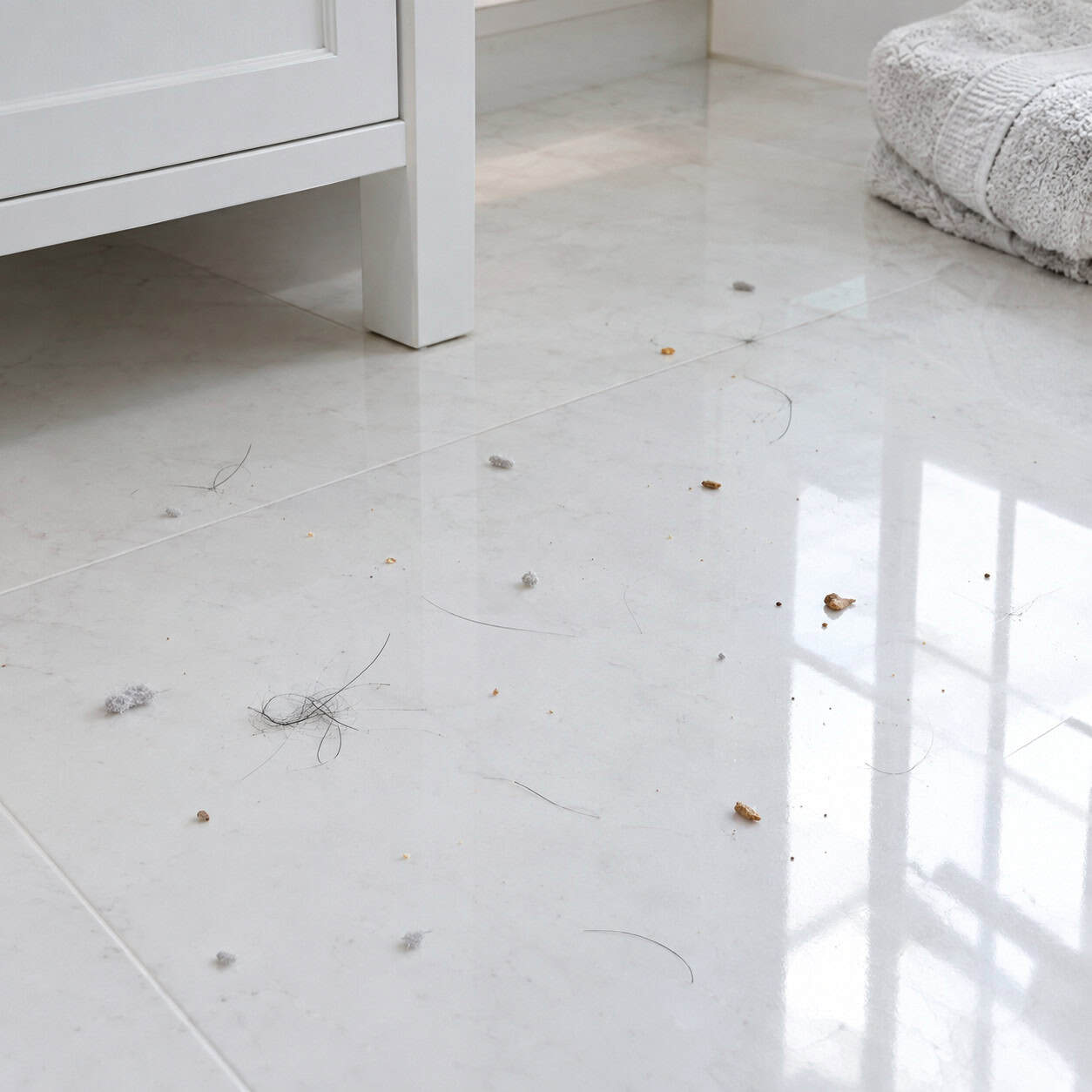 Near-White Marble-Look Tile in a Bathroom