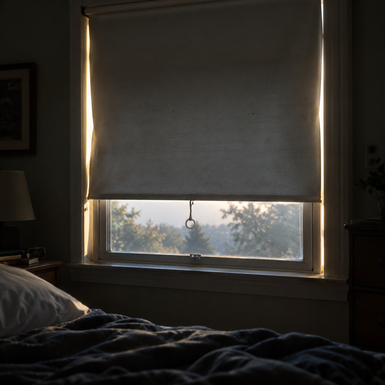 The White Vinyl Roller Shade With the Ring Pull