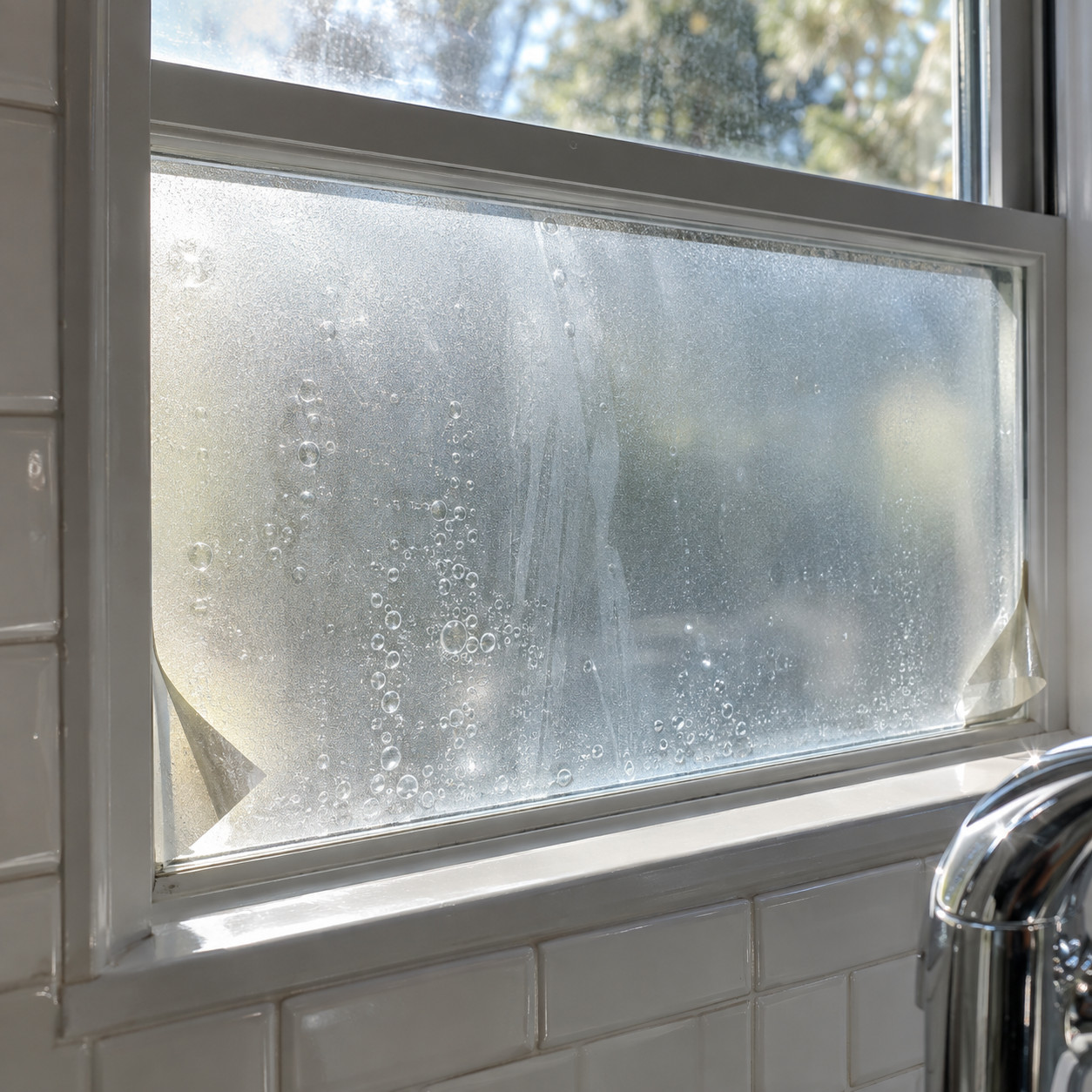 Frosted Privacy Film Bubbling on the Lower Sash