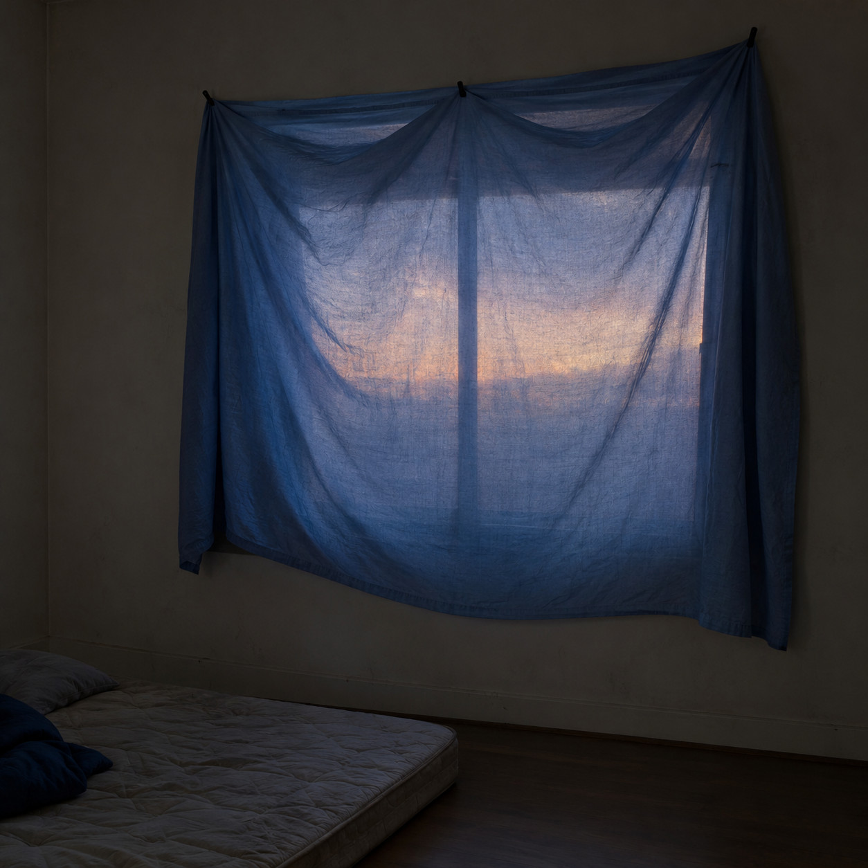 A Bedsheet Tacked Over the Window