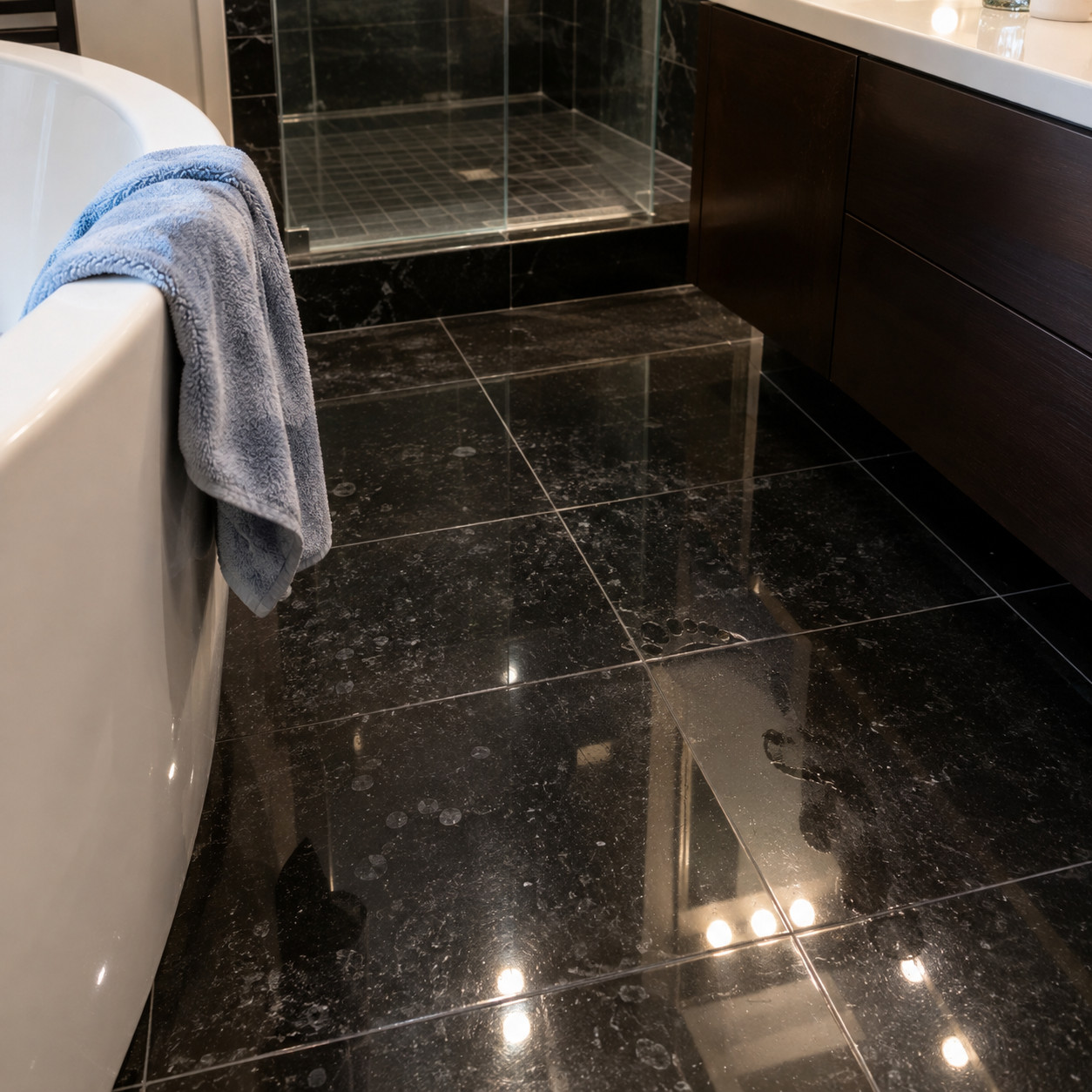 Glossy Black Tile or Dark Stone in a Bathroom