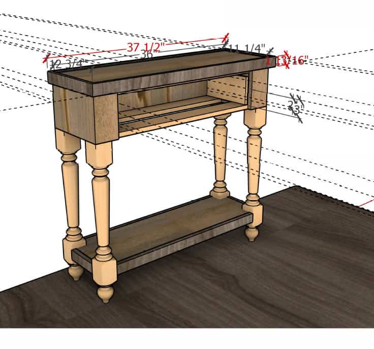 The SketchUp draft Victor's wife finally approved, with overall dimensions worked out at 37 1/2" wide.