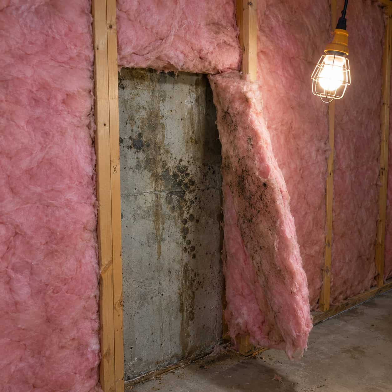 Fiberglass Batts Pressed Against Bare Foundation Wall