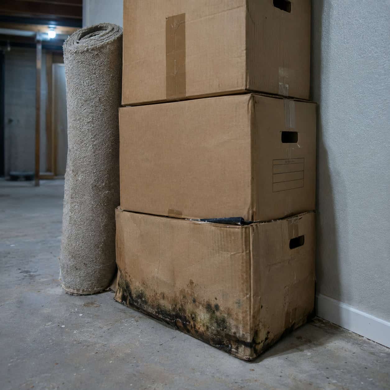 Storing Cardboard Boxes and Old Carpet in the Finished Space