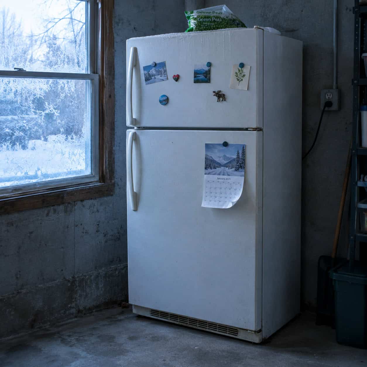 A regular kitchen fridge exiled to the garage