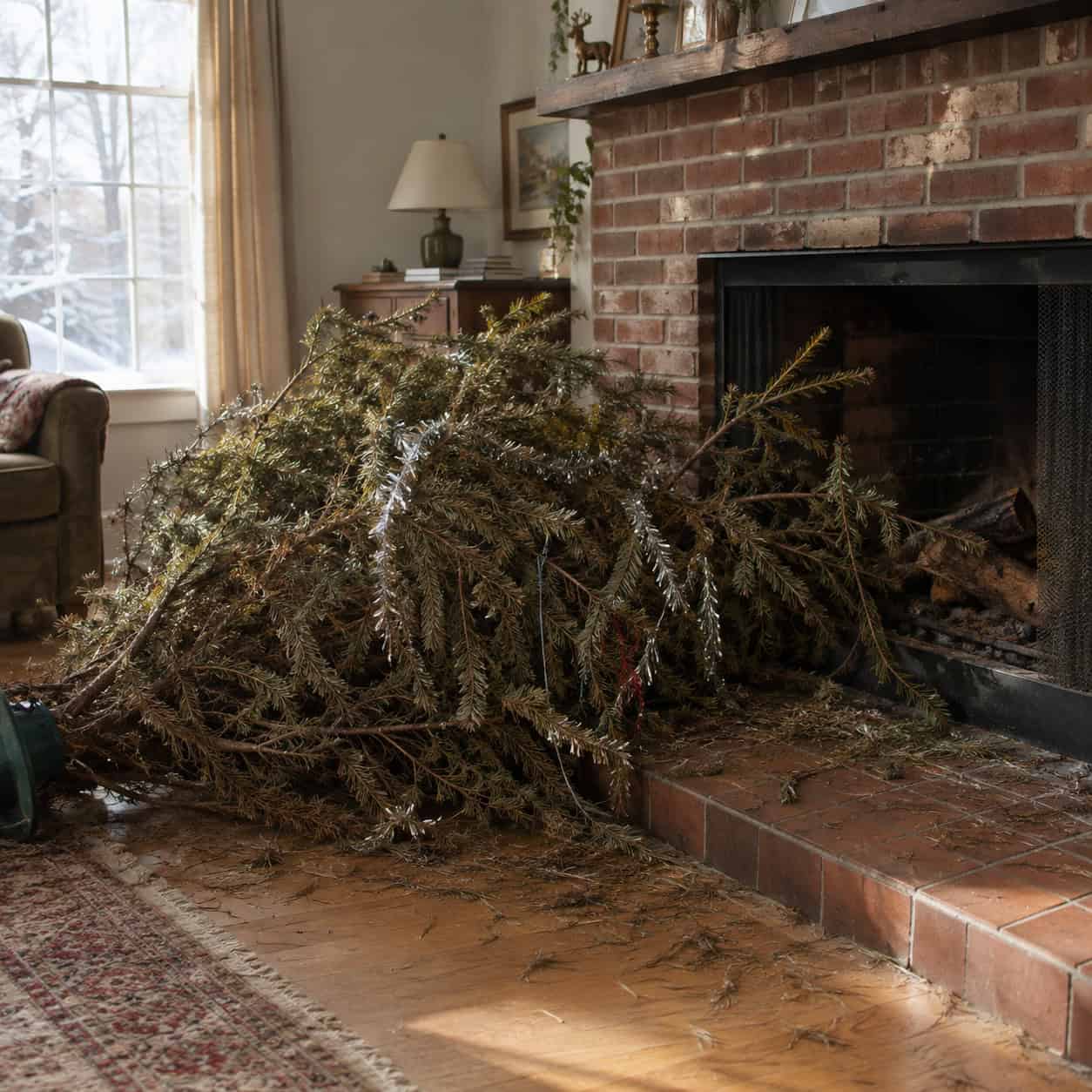 The Christmas Tree Stuffed Into the Fireplace