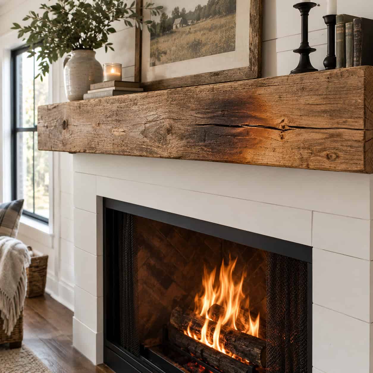 Wood Mantels and Shiplap Run Right Up to the Opening