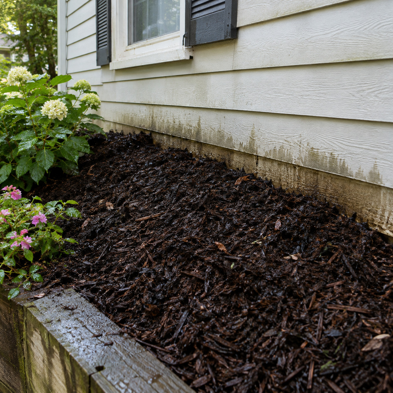 Flower Beds, Mulch, and New Concrete Raised Against the House