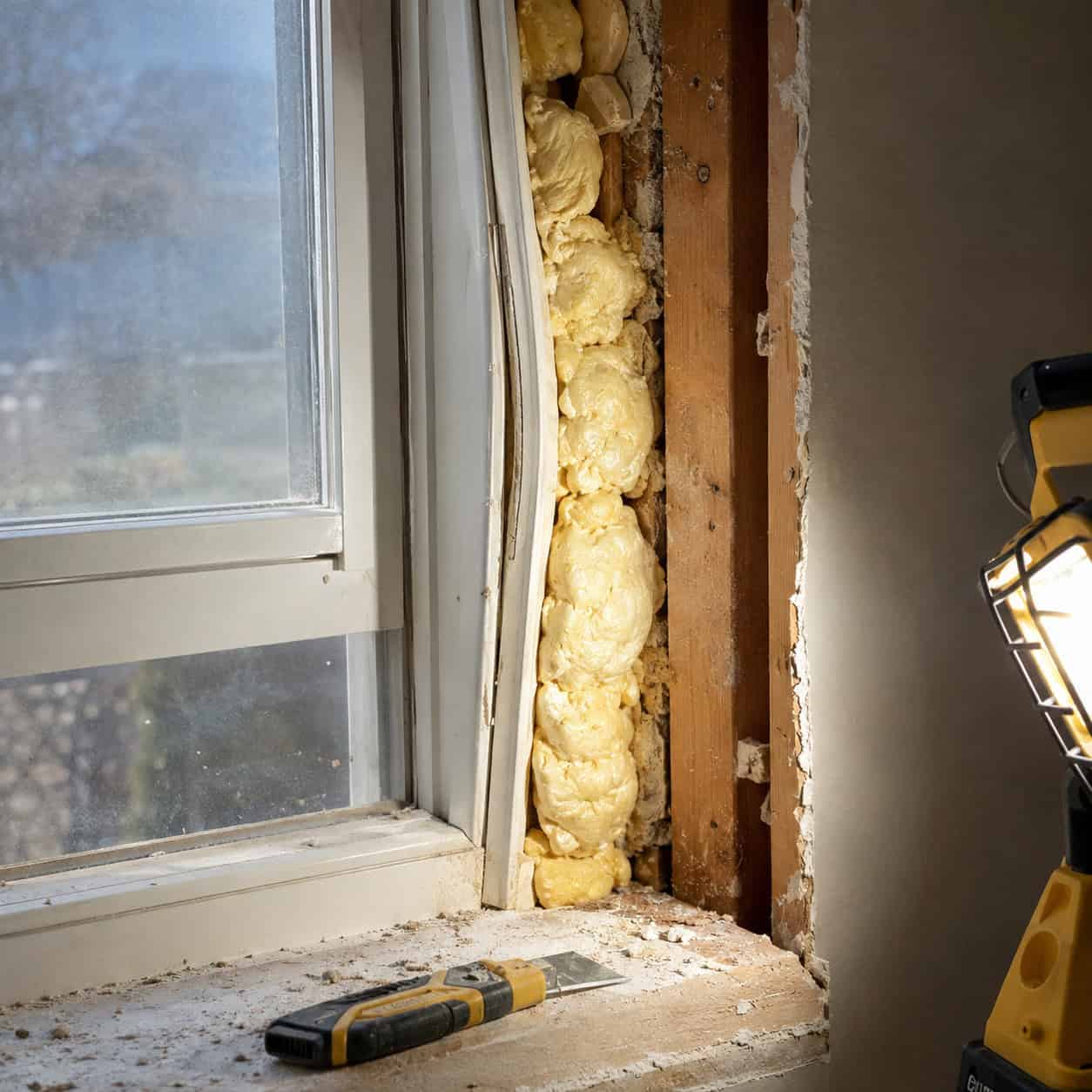 High-expansion spray foam packed around the frame