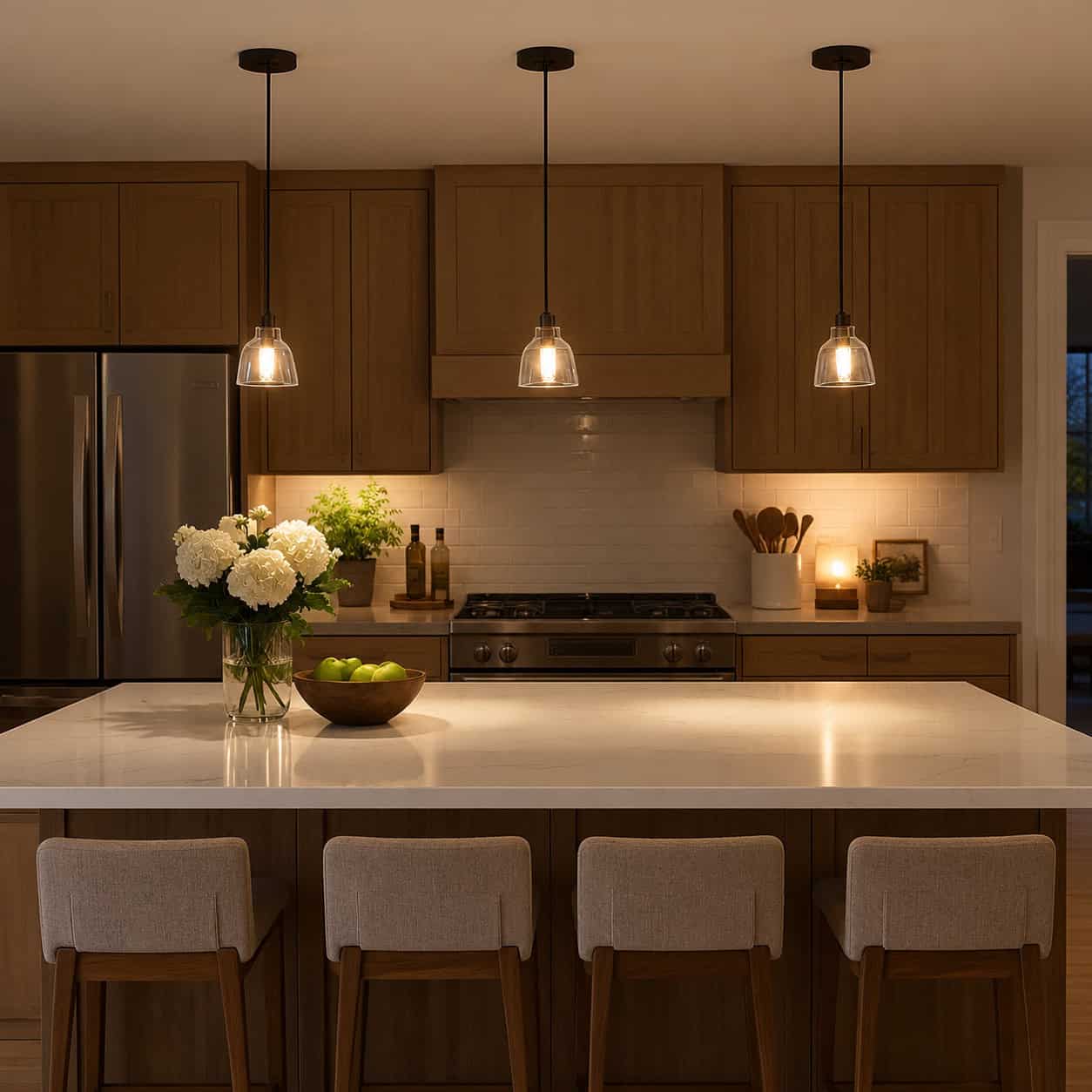 Three Tiny Mini-Pendants Over a Nine-Foot Island