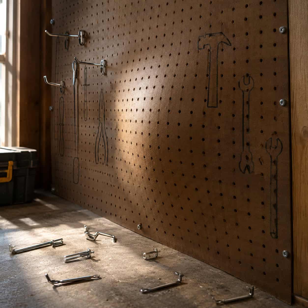 A wall of 1/8-inch hardboard pegboard