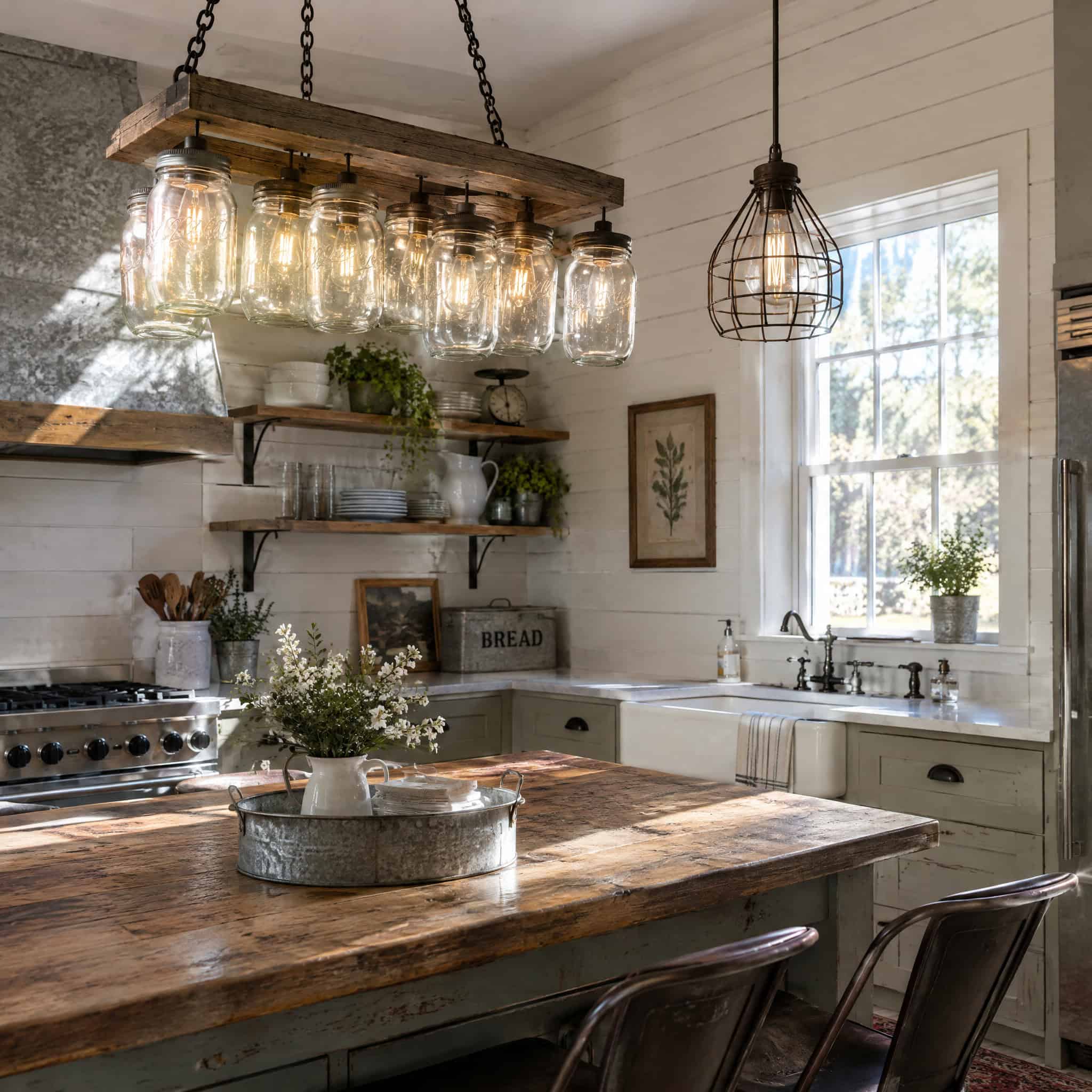 Mason Jar and Wire-Cage Farmhouse Fixtures