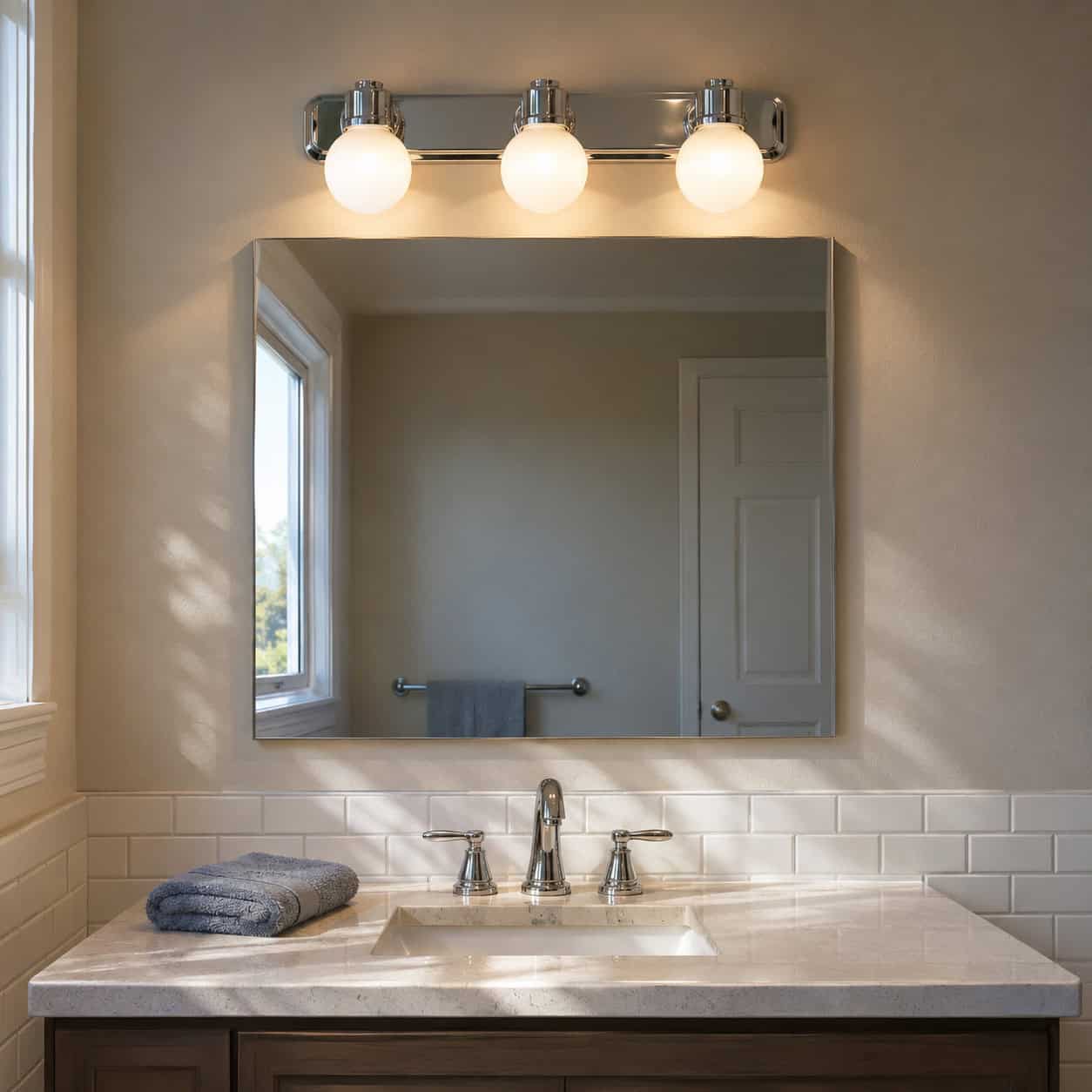A Single Light Bar Mounted Above the Bathroom Mirror