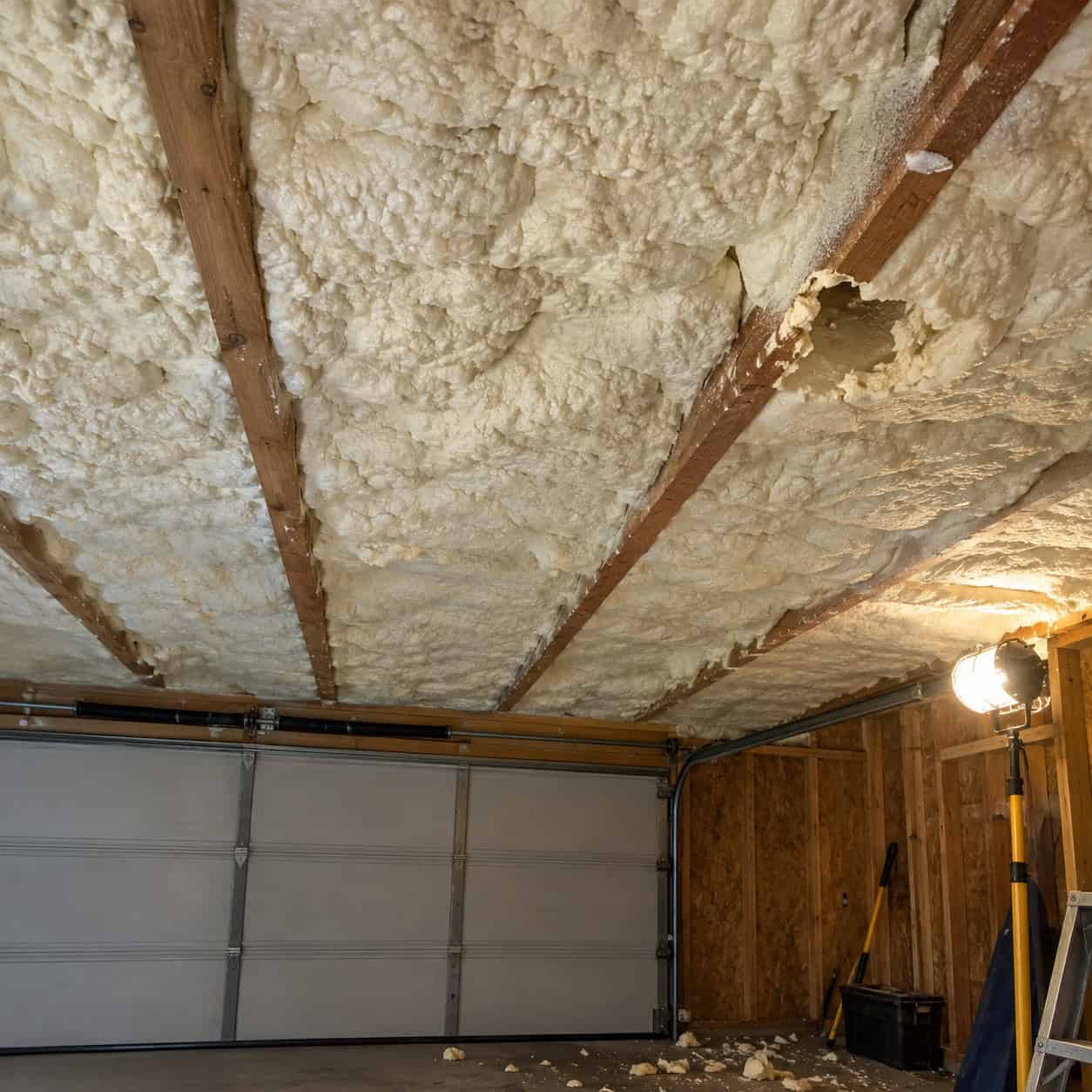 Open-cell spray foam left bare on the ceiling