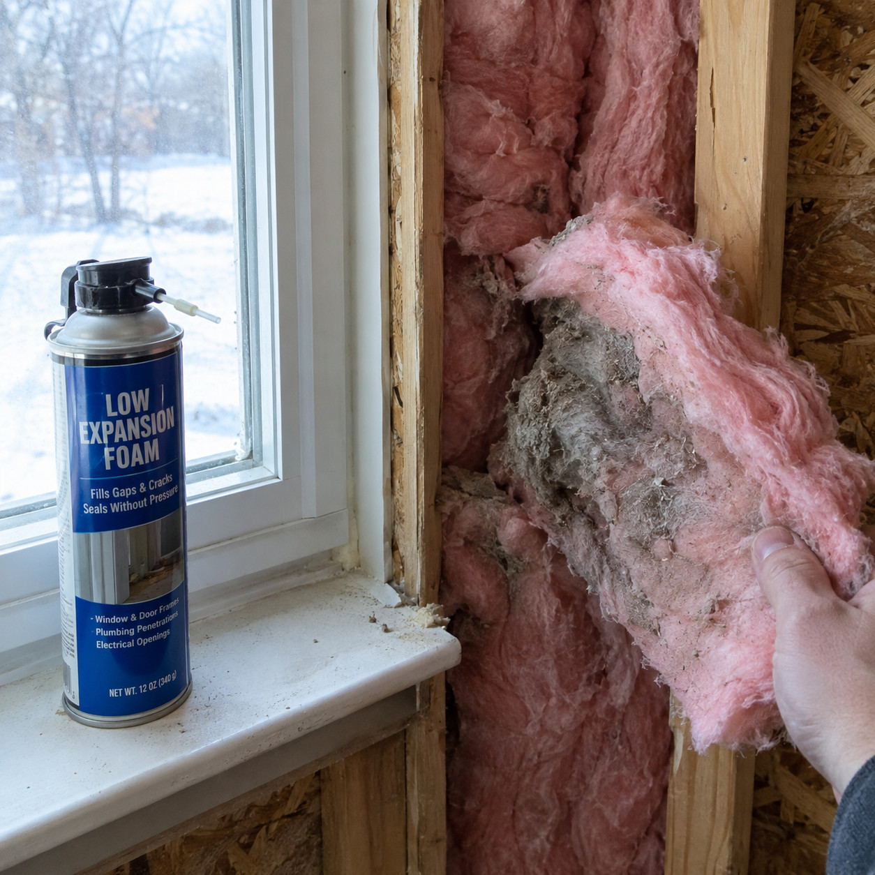 Fiberglass batt stuffed into the shim gap