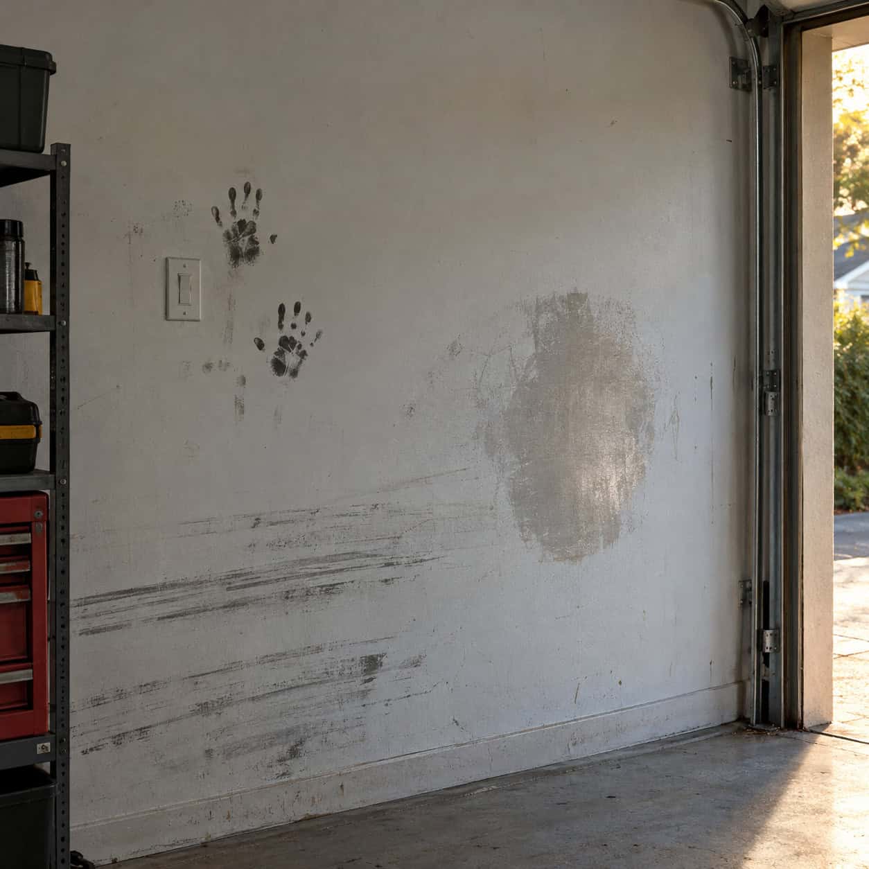 Flat builder-white paint on the garage walls