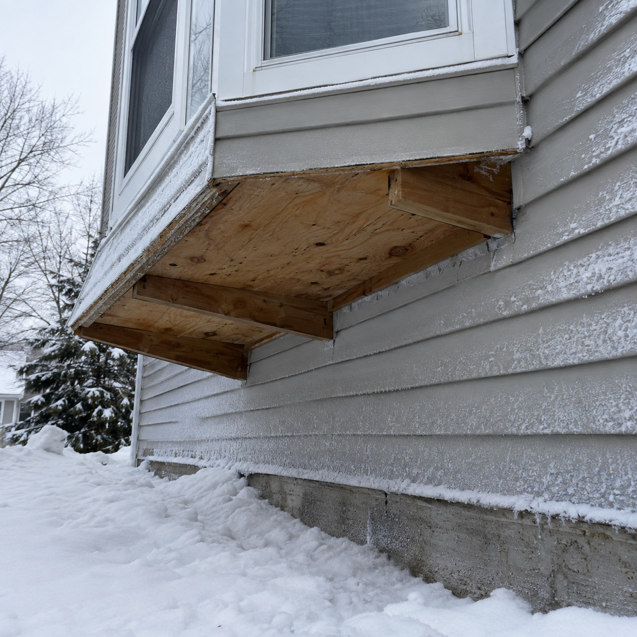 A bay window cantilevered over an uninsulated floor